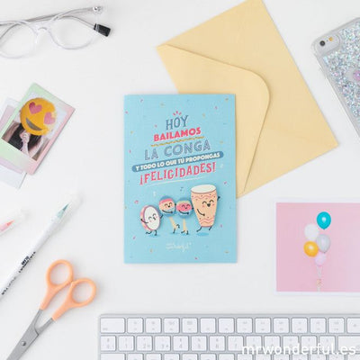 tarjeta de felicitación azul con tambores