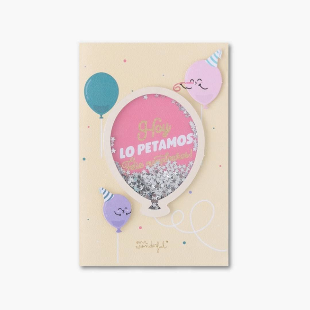 posta de cumpleaños con un globo lleno de confetti