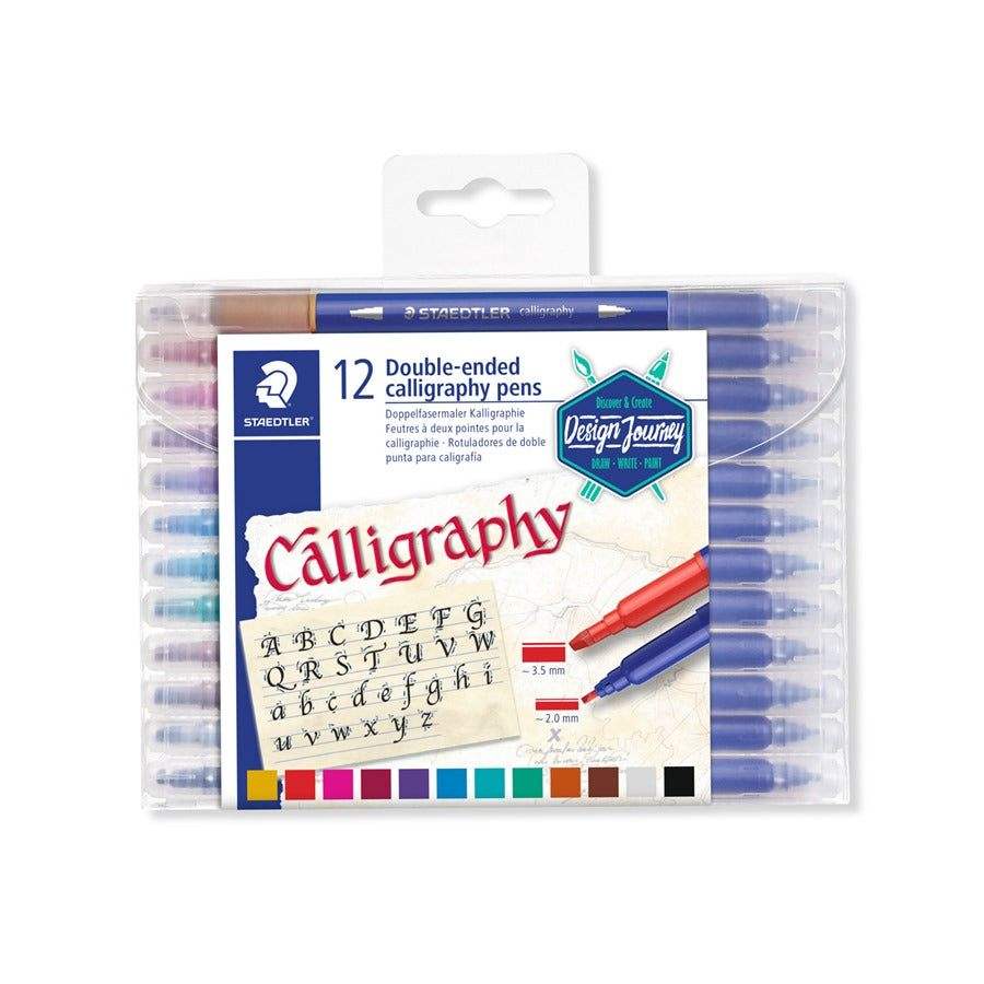 Set 12 rotuladores de doble punta para caligrafía, en estuche transparente con colores surtidos.