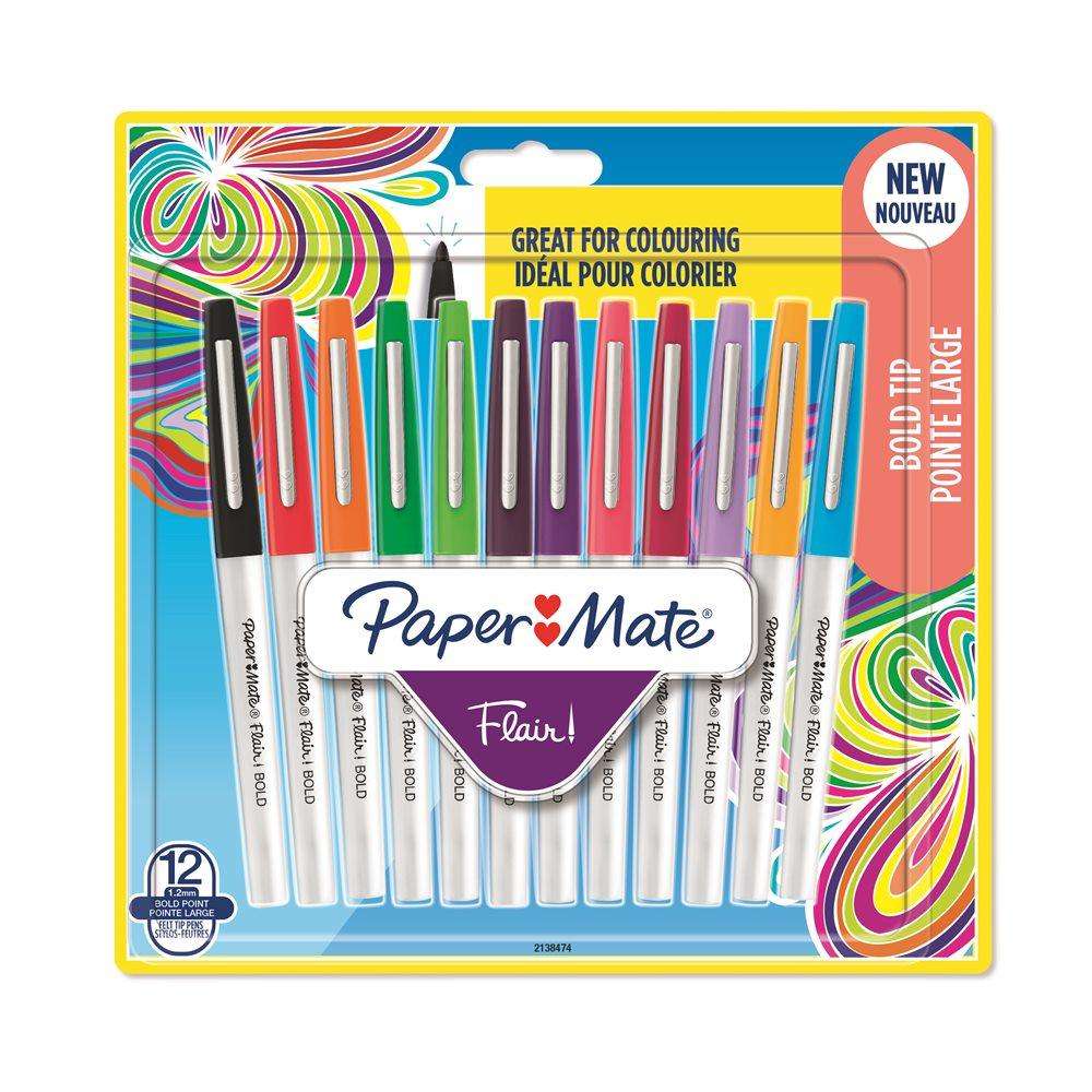 Set de 12 rotuladores Papermate Flair Bold con punta ancha, colores vibrantes y tinta a base de agua, ideal para colorear y escribir sin manchas.