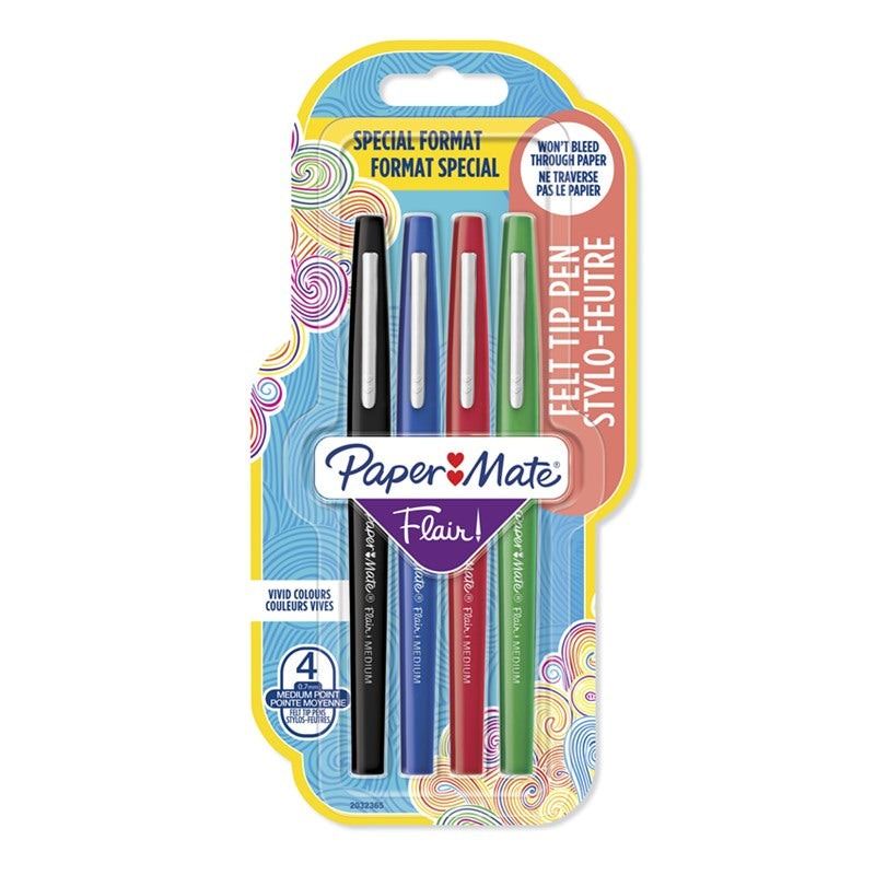 Pack de 4 rotuladores Paper Mate Flair punta media negro, azul, rojo, verde.