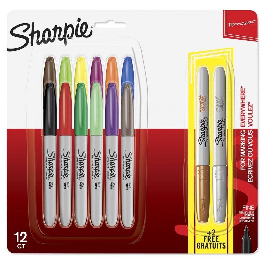 Set 12 Rotuladores Permanentes Sharpie y 2 Metálicos en colores surtidos para precisión y durabilidad.