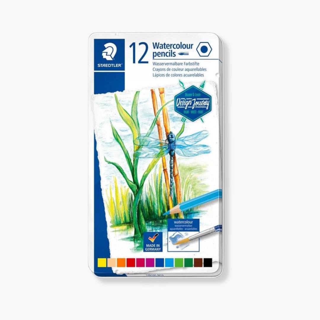 Caja metálica con 12 lápices de colores acuarelables surtidos para artistas.