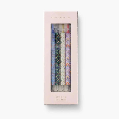 Set de 4 bolígrafos Gel Estee de Rifle Paper Co. con diseño floral y tinta de colores variados en caja elegante.