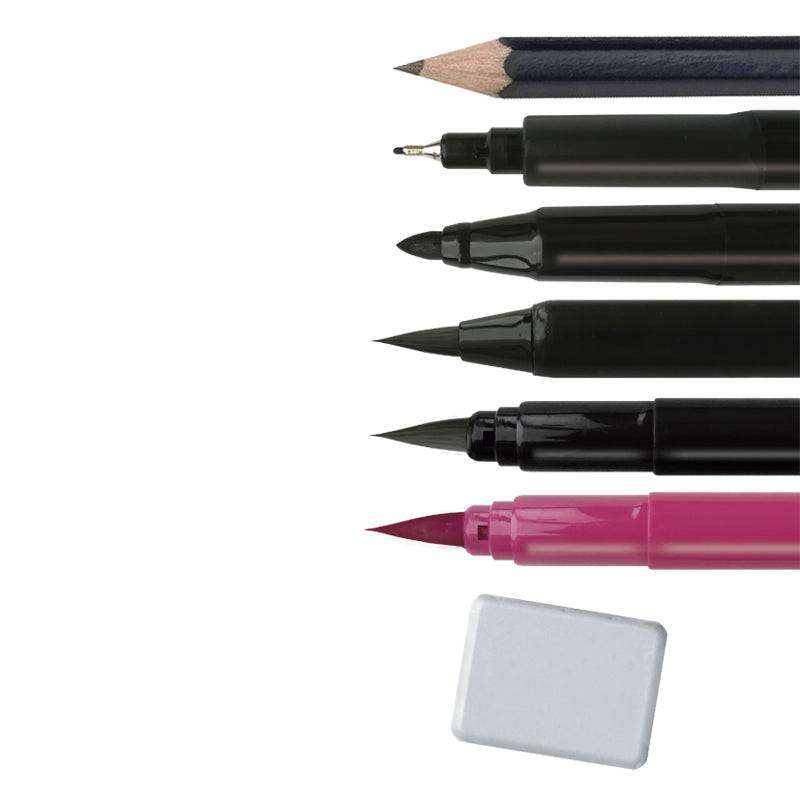 Set Rotuladores Hand Lettering Alpino, kit completo de 30 unidades con rotuladores de diversas puntas, lápiz y goma, ideales para lettering y caligrafía creativa.