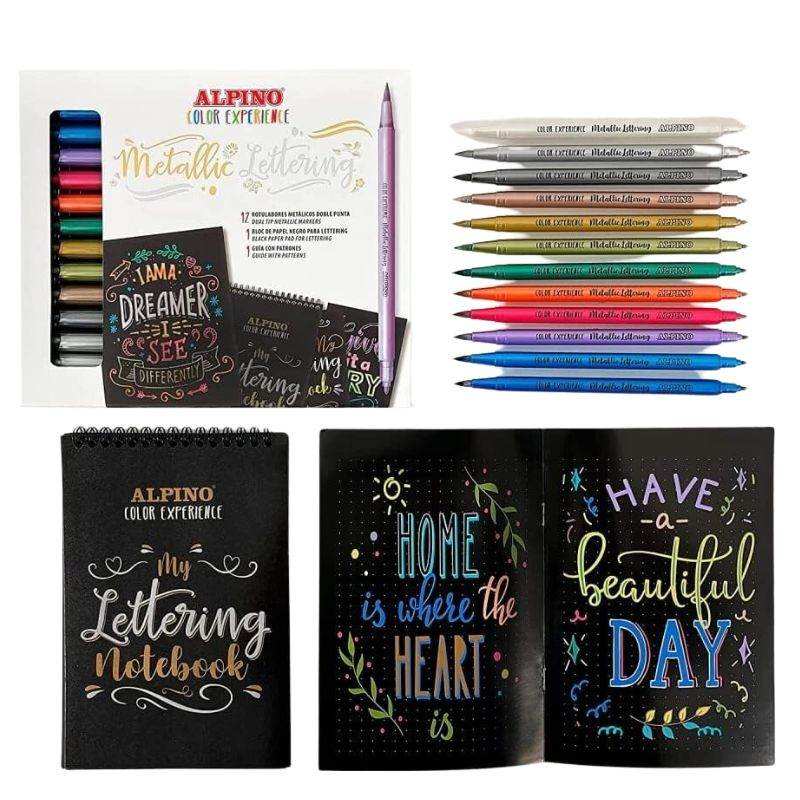 Set Rotuladores Metálicos Lettering + Bloc con guía de 20 patrones, incluye 12 rotuladores de colores vibrantes y bloc negro para diseño creativo.