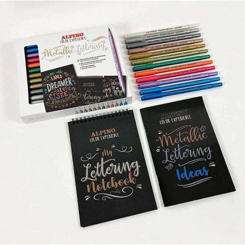 Set Rotuladores Metálicos Lettering + Bloc y Guía de Alpino para proyectos creativos.