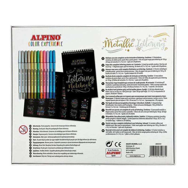 Set Rotuladores Metálicos Lettering + Bloc y Guía de Alpino para caligrafía creativa.