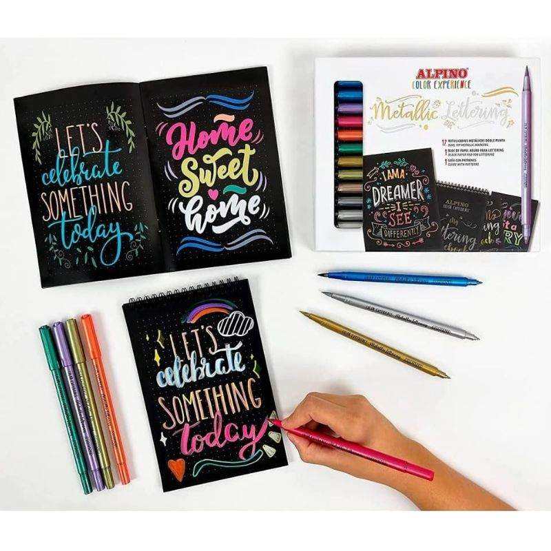 Set Rotuladores Metálicos Lettering + Bloc para caligrafía con rotuladores de doble punta y papel negro especial.