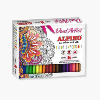 Set de 36 rotuladores doble punta Dual Artist de Alpino Color Experience en caja, mostrando colores surtidos.