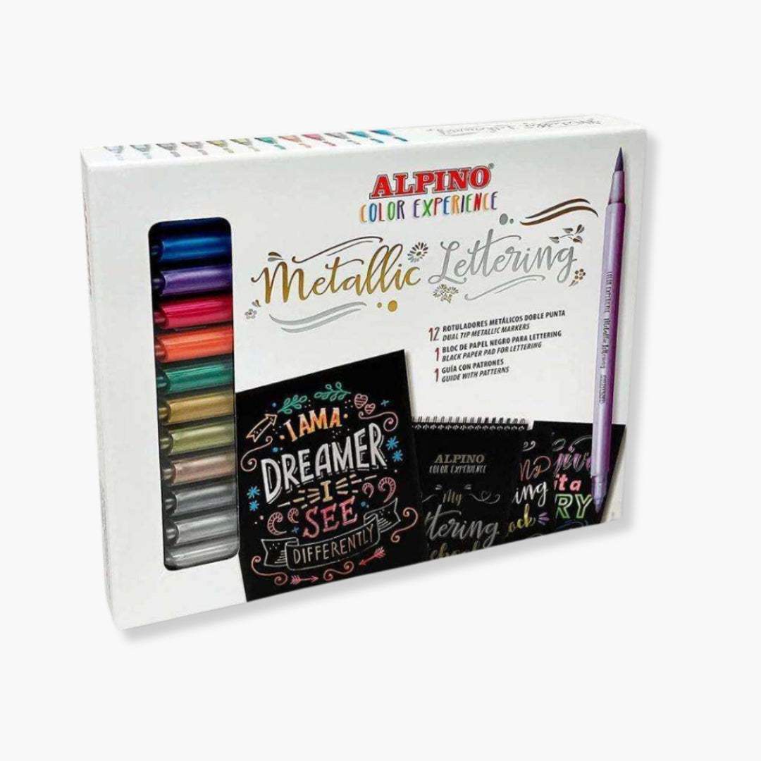 Set Rotuladores Metálicos Lettering + Bloc y Guía Alpino, kit creativo con 12 rotuladores metálicos doble punta, bloc papel negro, y guía con 20 patrones.