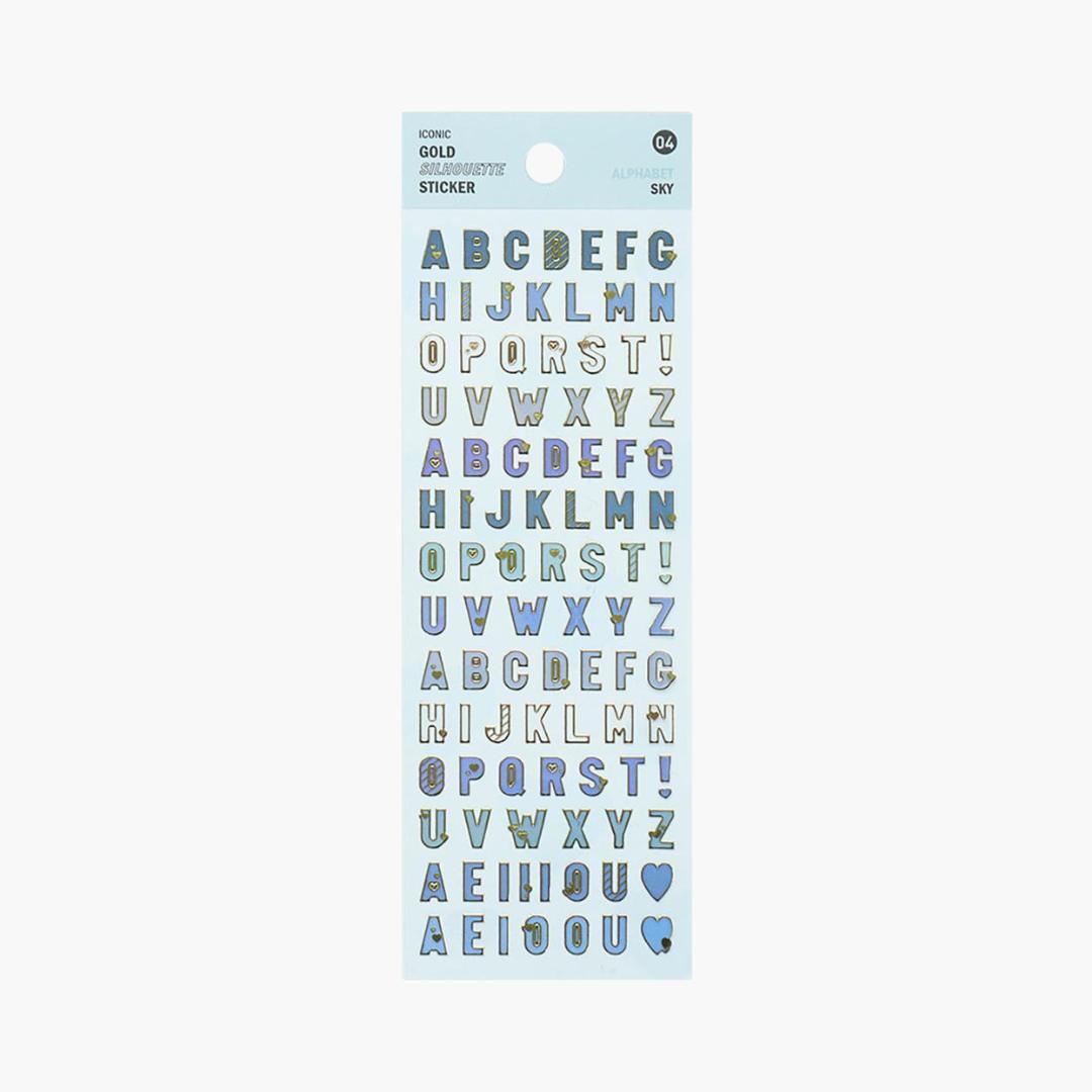 pegatinas con abecedario en letras mayúsculas azules con detalles dorados