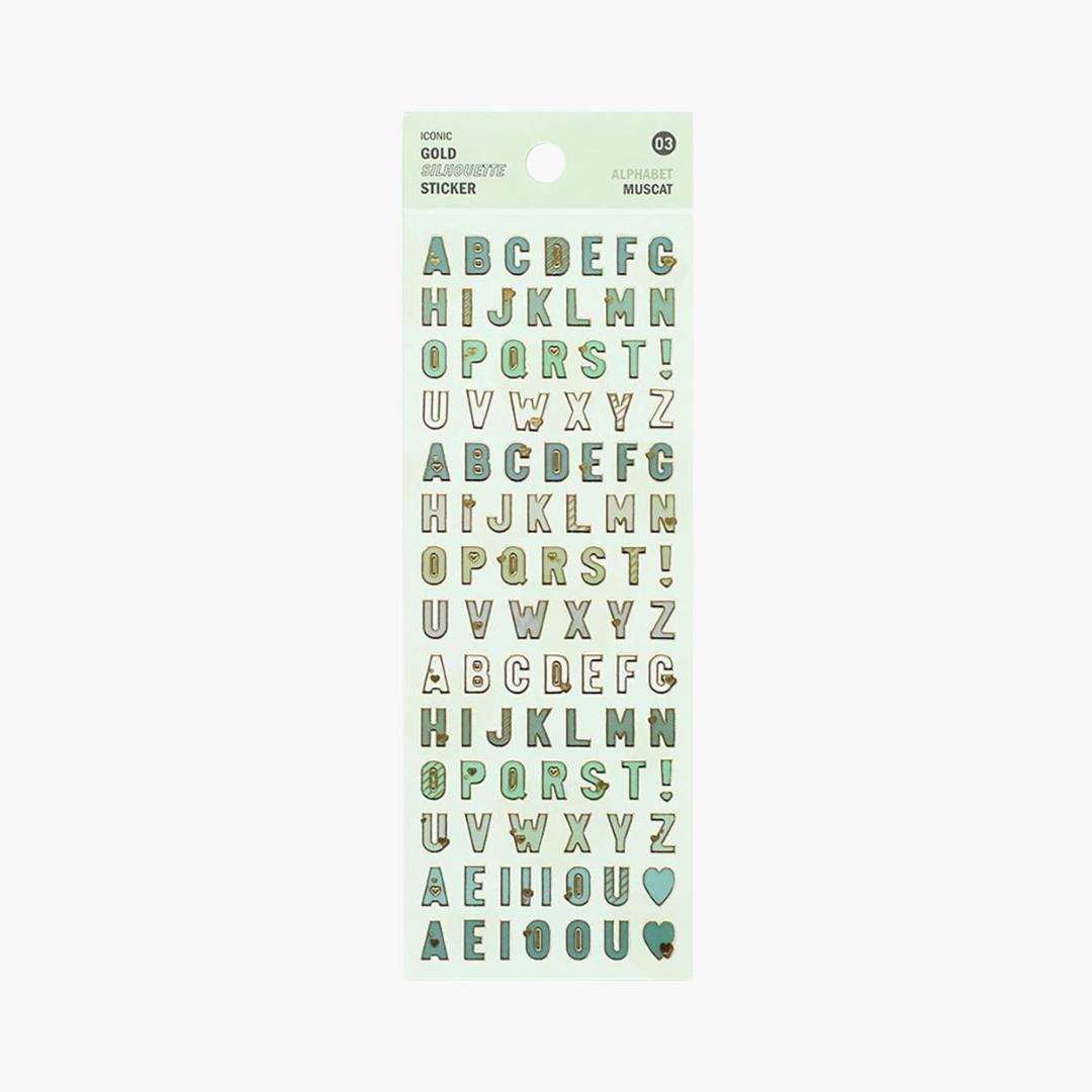 pegatinas con abecedario en letras mayúsculas verdes con detalles dorados