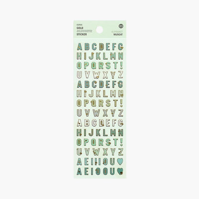 pegatinas con abecedario en letras mayúsculas  verdes con detalles dorados