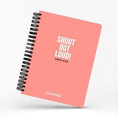 Libreta Shout Out Loud con espiral, tapa dura coral, diseño motivacional.
