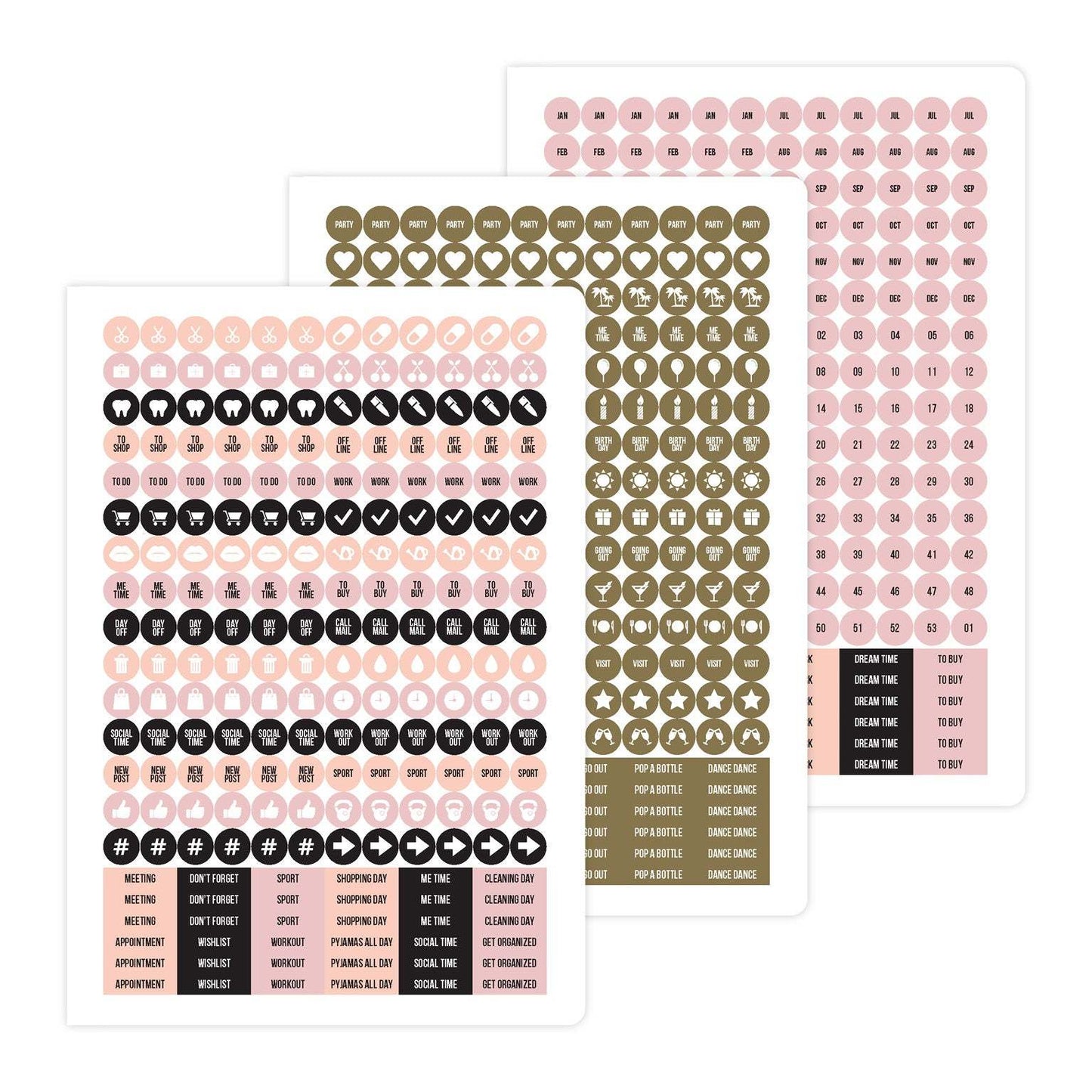 Pegatinas decorativas incluidas con el planificador atemporal Beautiful Dreams, ideales para personalizar y hacer la planificación divertida y visual.