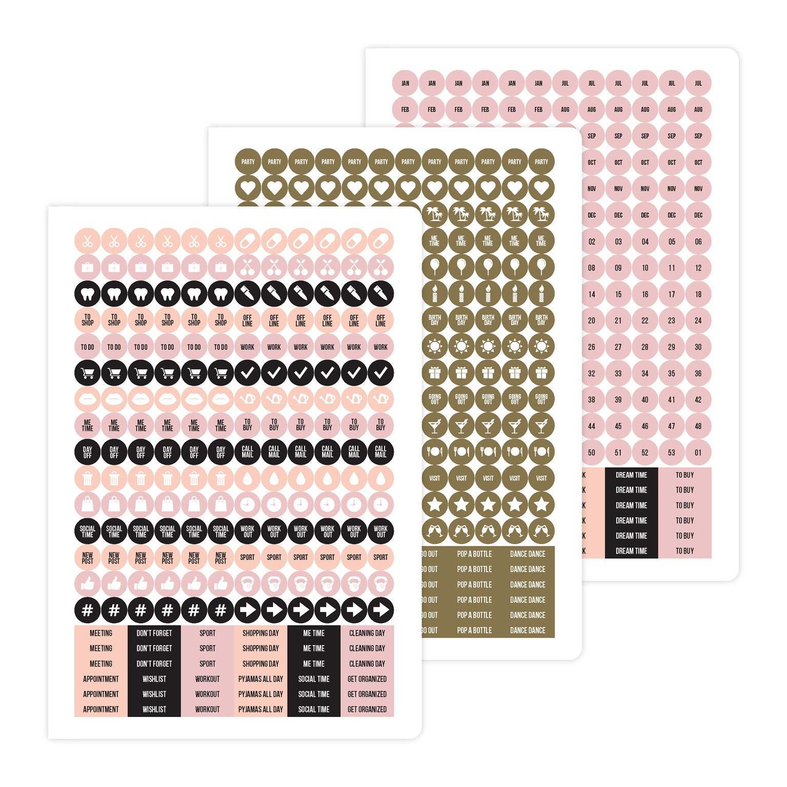 Pegatinas decorativas incluidas con el planificador atemporal Beautiful Dreams, ideales para personalizar y hacer la planificación divertida y visual.