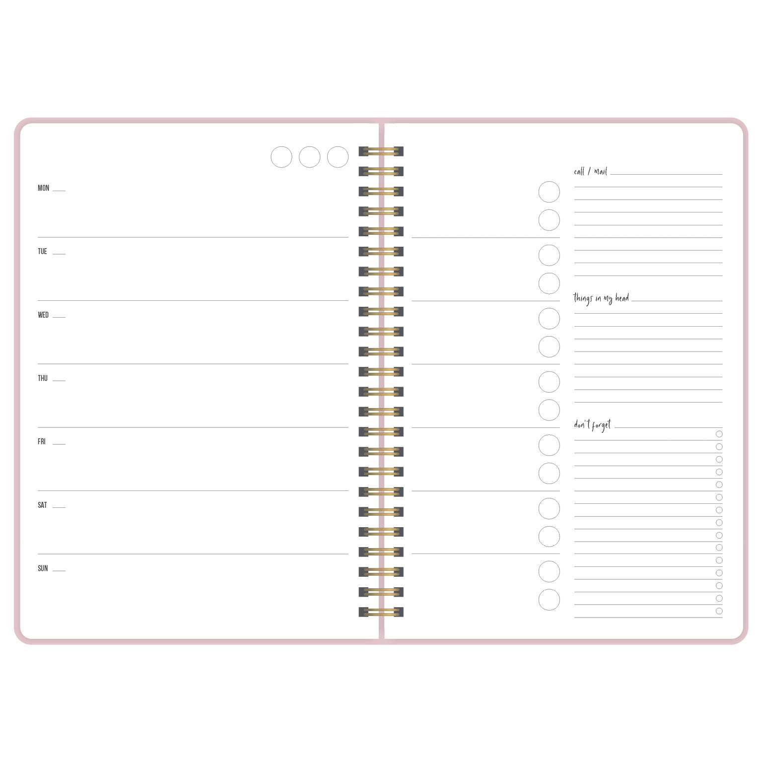 Planificador atemporal Beautiful Dreams con vista semanal y espacio para notas, diseño sin fechas, tapa dura rosa, incluye pegatinas.