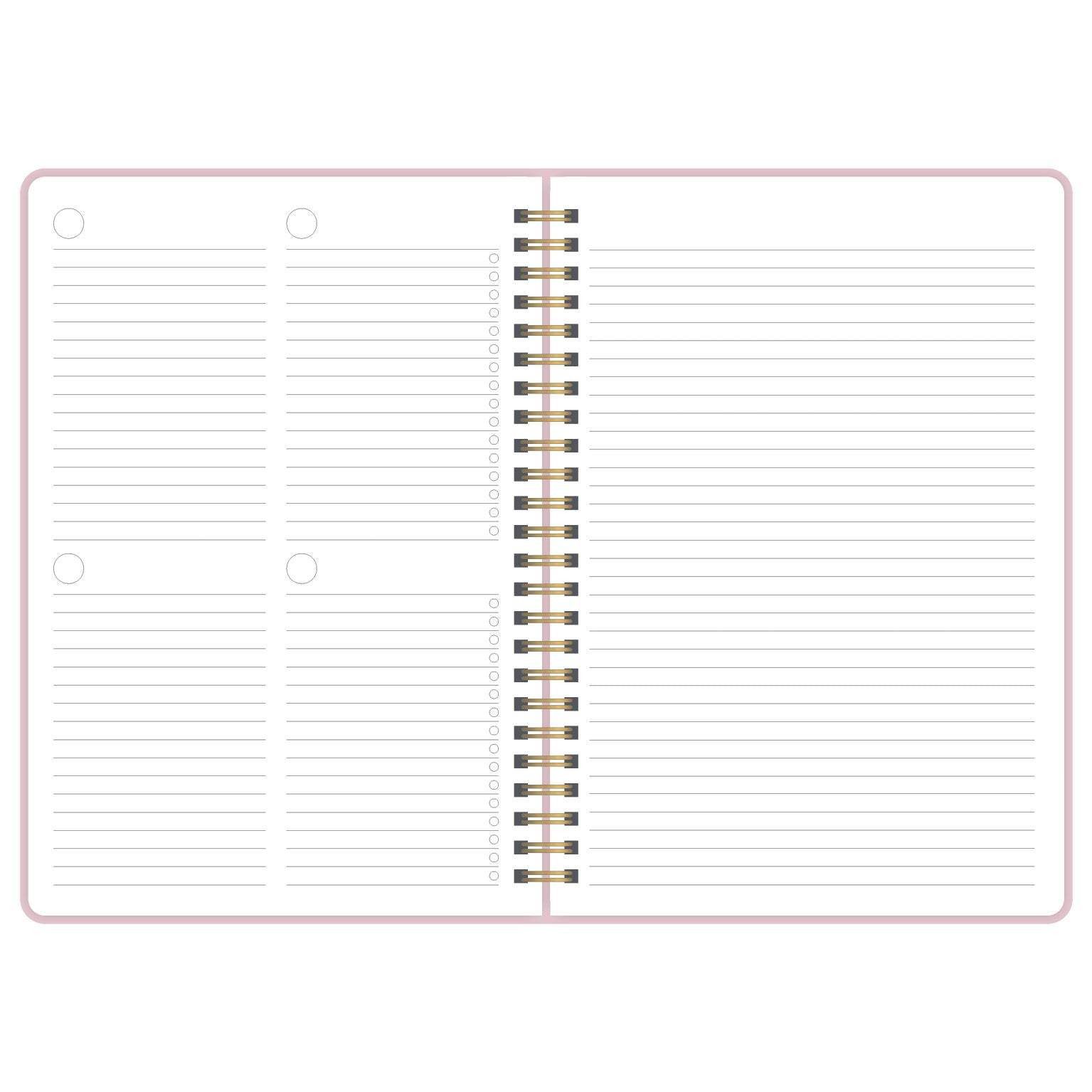 Planificador atemporal Beautiful Dreams abierto mostrando diseño de vista semanal y espacio para notas.