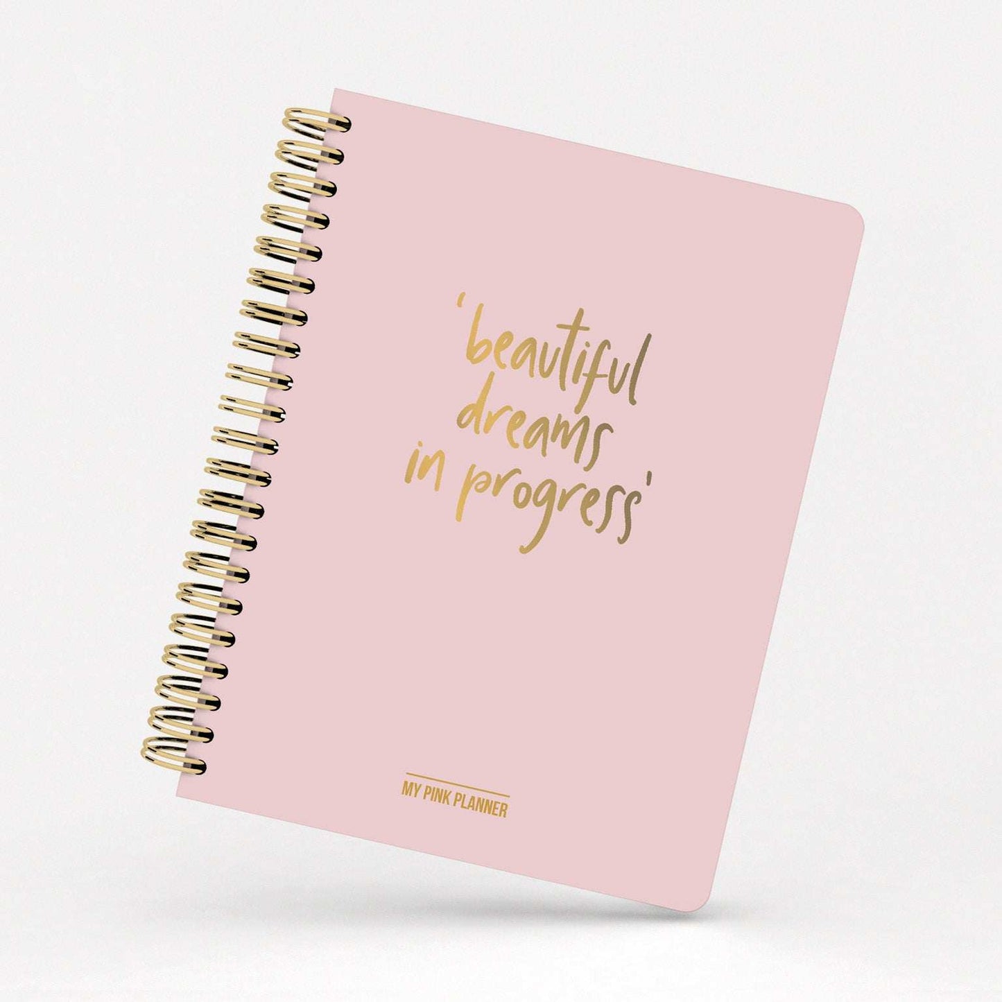 Planificador atemporal Beautiful Dreams, tapa dura rosa, letras en foil dorado, vista semanal, 192 páginas, pegatinas, bolsillo interior.