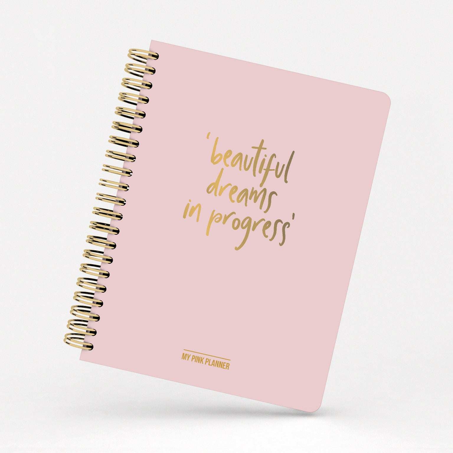 Planificador atemporal Beautiful Dreams, tapa dura rosa, letras en foil dorado, vista semanal, 192 páginas, pegatinas, bolsillo interior.