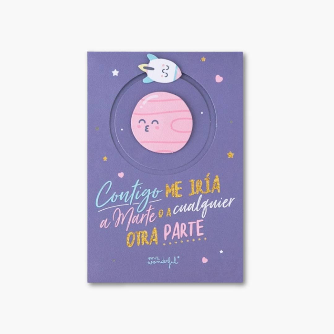 postal felicitación con planeta y cohete