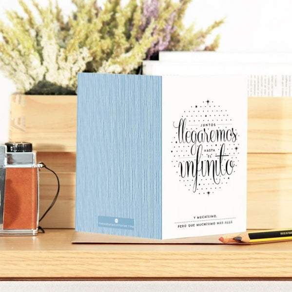 Tarjeta de felicitación con mensaje "Juntos llegaremos hasta el infinito" en papel de alta calidad, ideal para parejas y ocasiones especiales.