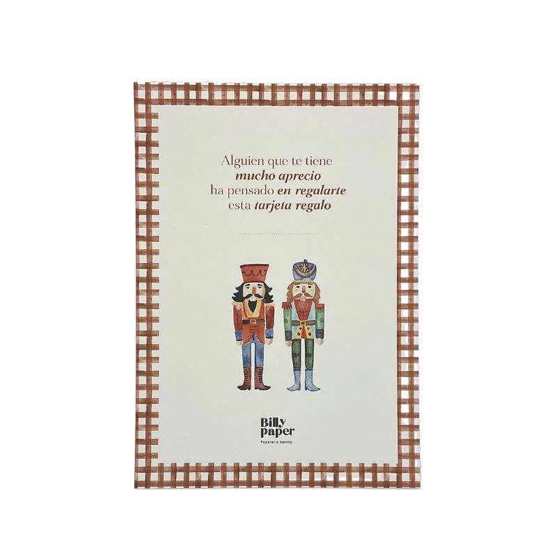 Tarjeta Regalo Billy Paper con diseño de cascanueces y patrón de cuadros.