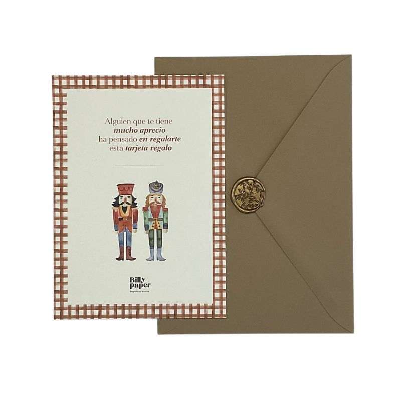 Tarjeta Regalo Billy Paper con diseño de cascanueces y sobre kraft elegante.