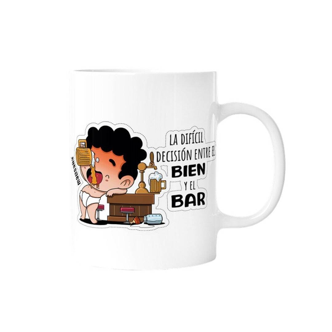 Taza El Bien y El Bar con diseño humorístico, cerámica de alta calidad, 360 ml, apta para microondas y lavavajillas.