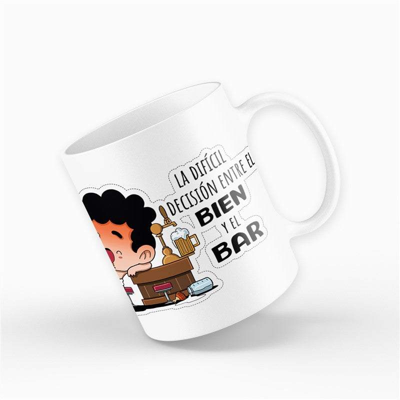 Taza divertida de cerámica con diseño "El Bien y El Bar", capacidad 360 ml, apta para microondas y lavavajillas.