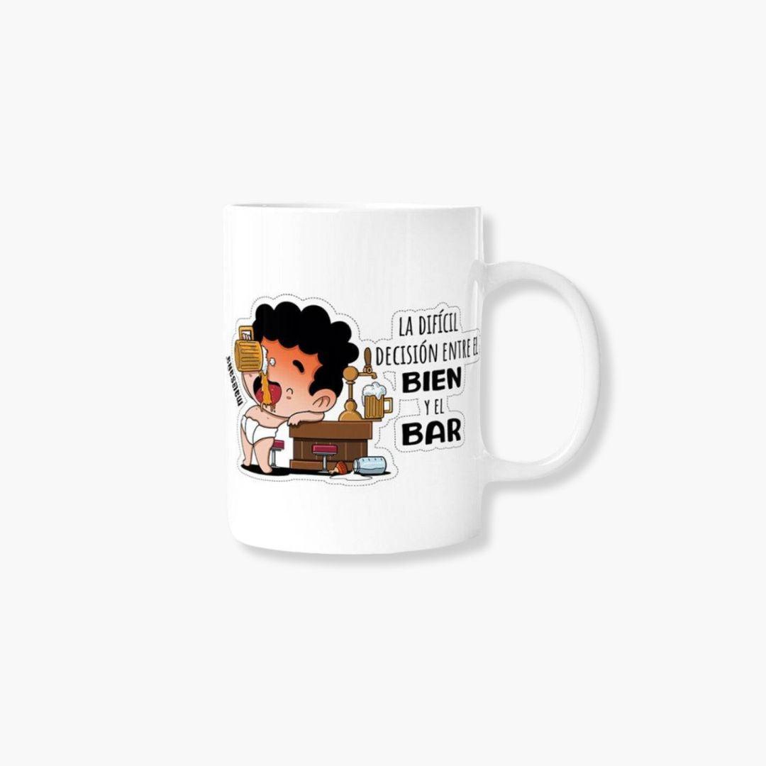 Taza El Bien y El Bar divertida, diseño humorístico, cerámica 360 ml, apta microondas y lavavajillas.