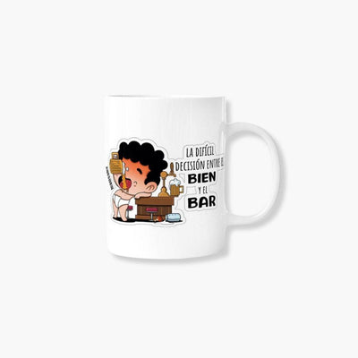 Taza El Bien y El Bar divertida, diseño humorístico, cerámica 360 ml, apta microondas y lavavajillas.