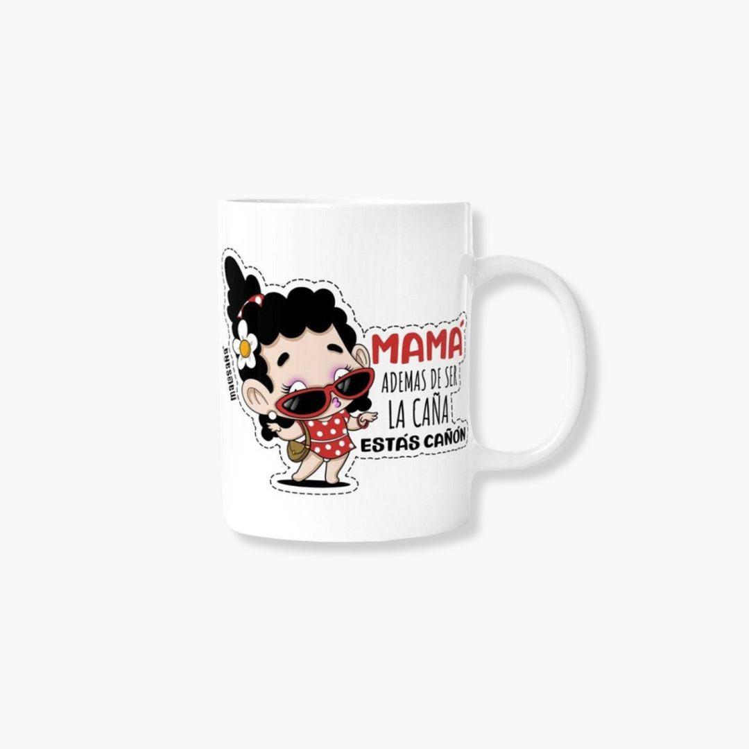 Taza Mamá Cañón de cerámica con diseño humorístico y mensaje inspirador.