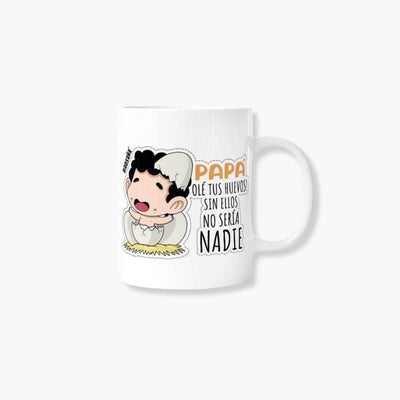 Taza Papá Huevos con diseño humorístico y capacidad de 360 ml, ideal para microondas y lavavajillas.