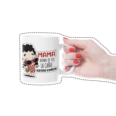 Taza Mamá Cañón de cerámica con diseño divertido, ideal para café y uso diario, 360 ml.