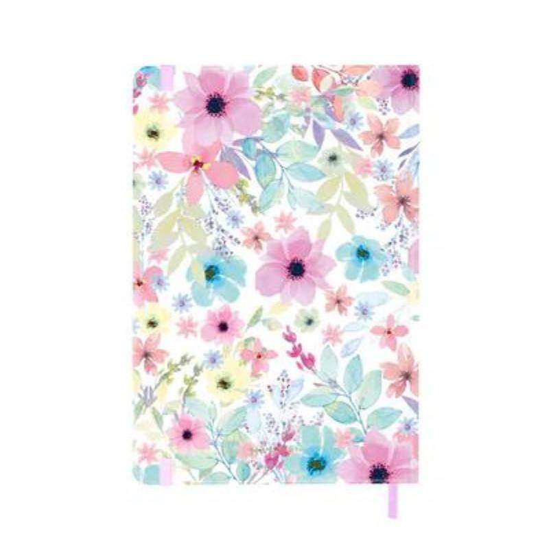 Cuaderno Bullet Journal Viviana con diseño floral, tapa dura y cierre elástico.
