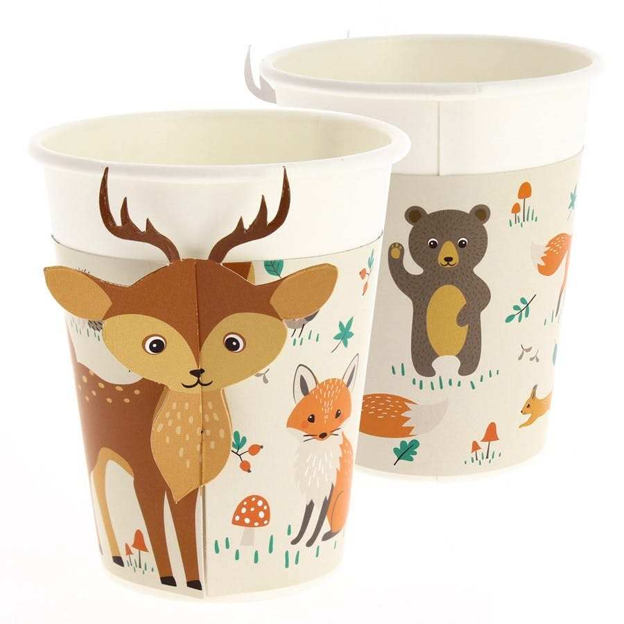 vasos desechables para fiesta infantil con animales del bosque