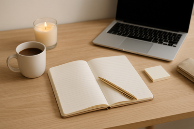 escritorio ordenado con un cuaderno, un café y una vela encendida
