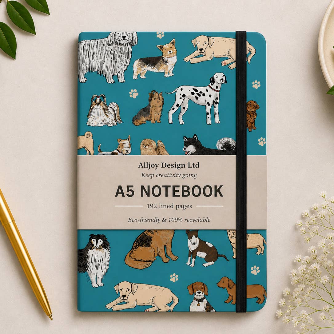 Cuaderno A5 Alljoy Design Dog Parade con perros sobre fondo turquesa
