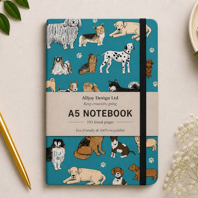 Cuaderno A5 Alljoy Design Dog Parade con perros sobre fondo turquesa