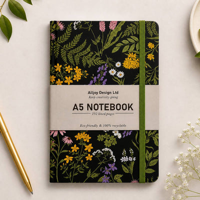 Cuaderno A5 Alljoy Design Midnight Meadow con flores silvestres sobre fondo negro