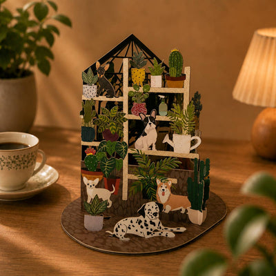Tarjeta pop-up Botanical Pets de Alljoy Design con invernadero, plantas, perros y gatos