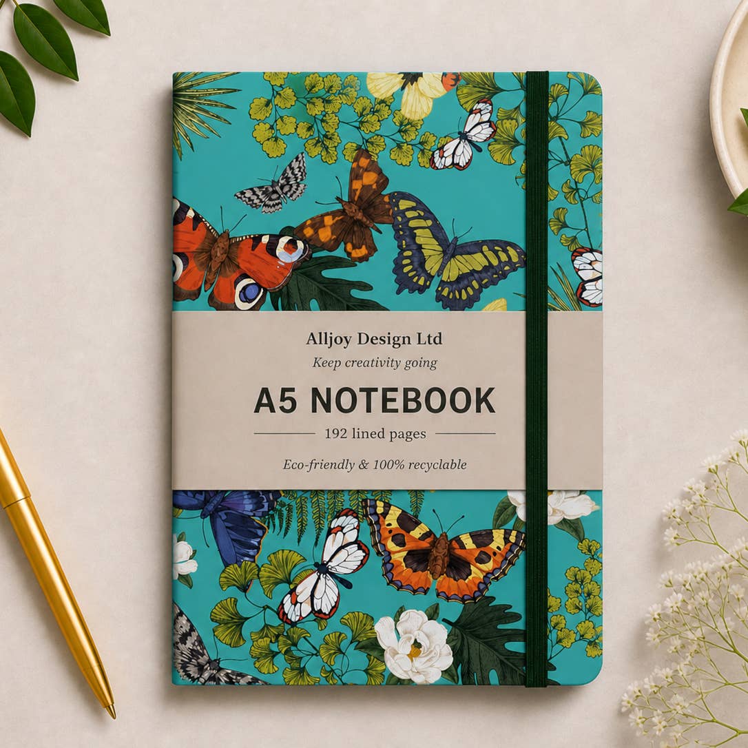 Cuaderno A5 Alljoy Design Butterfly Garden con mariposas y flores sobre fondo turquesa
