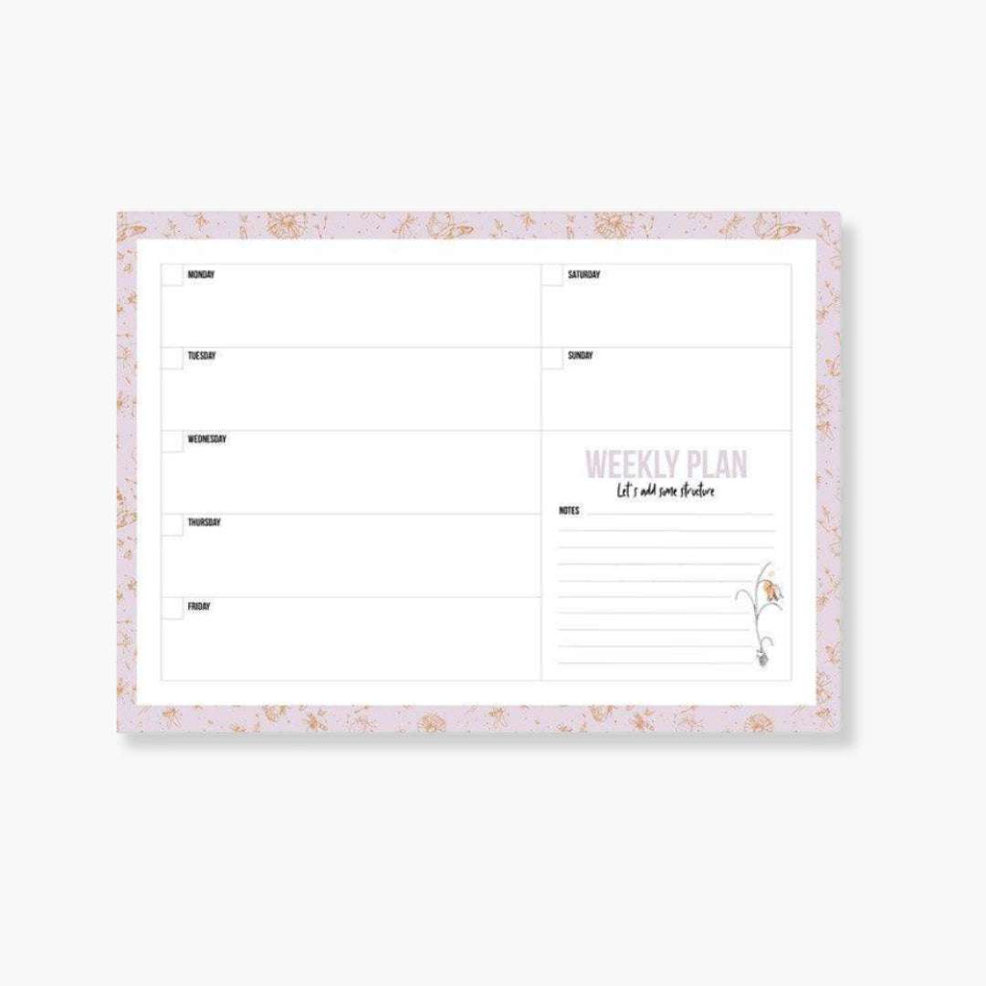 Planificador Semanal Flying Fortune con diseño floral a todo color, tamaño A4, espacios para planificar la semana.