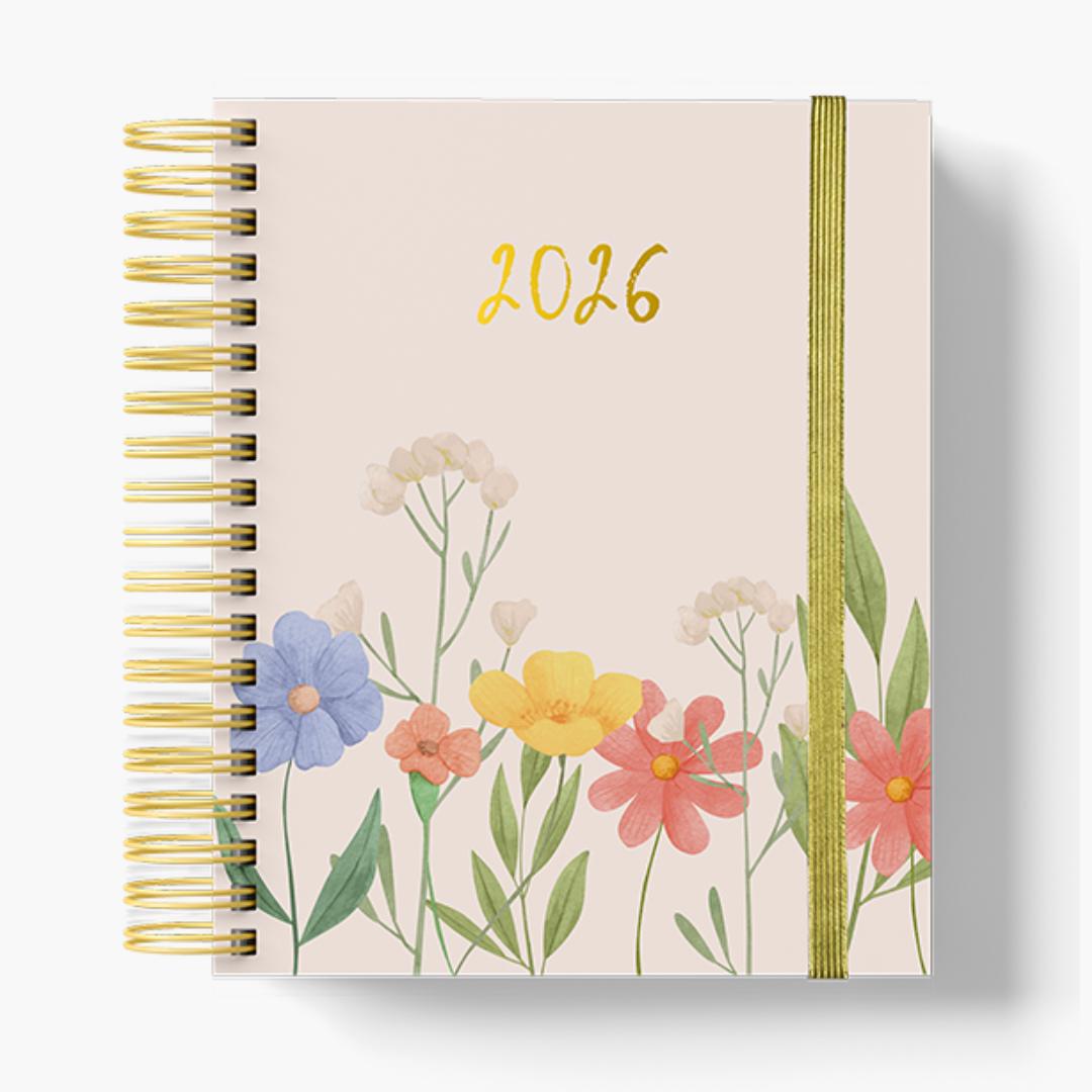 agenda 2026 con anillas y portada con flores