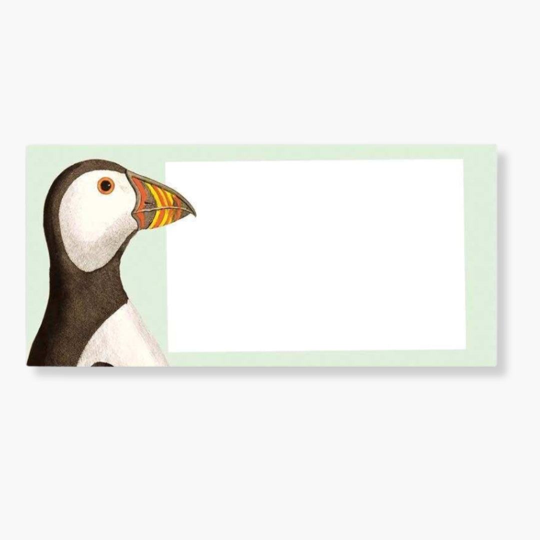 Bloc de notas Reunión con diseño de frailecillo, papel reciclado, 21 x 10 cm.