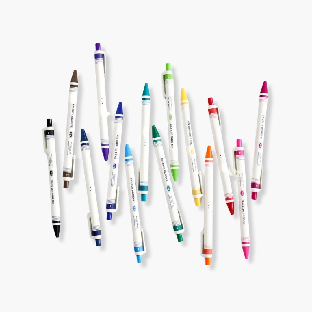 Bolígrafos de tinta gel 0.38mm Iconic en variedad de colores sobre fondo blanco.