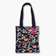 bolsa de tela azul marino con asas largas y estampado de flores
