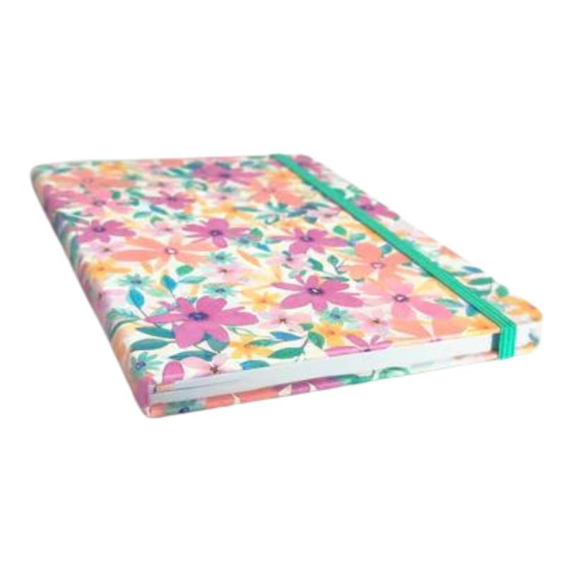 Cuaderno Bullet Journal Mari con diseño floral y goma de cierre, tapa dura, ideal para organización creativa.